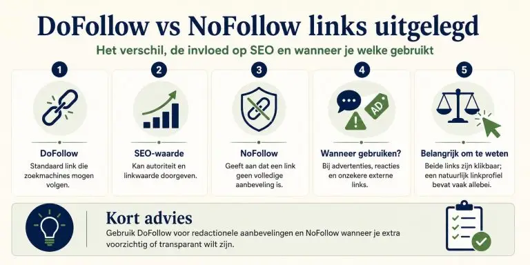 Visuele uitleg van het verschil tussen DoFollow en NoFollow links voor SEO en linkbuilding