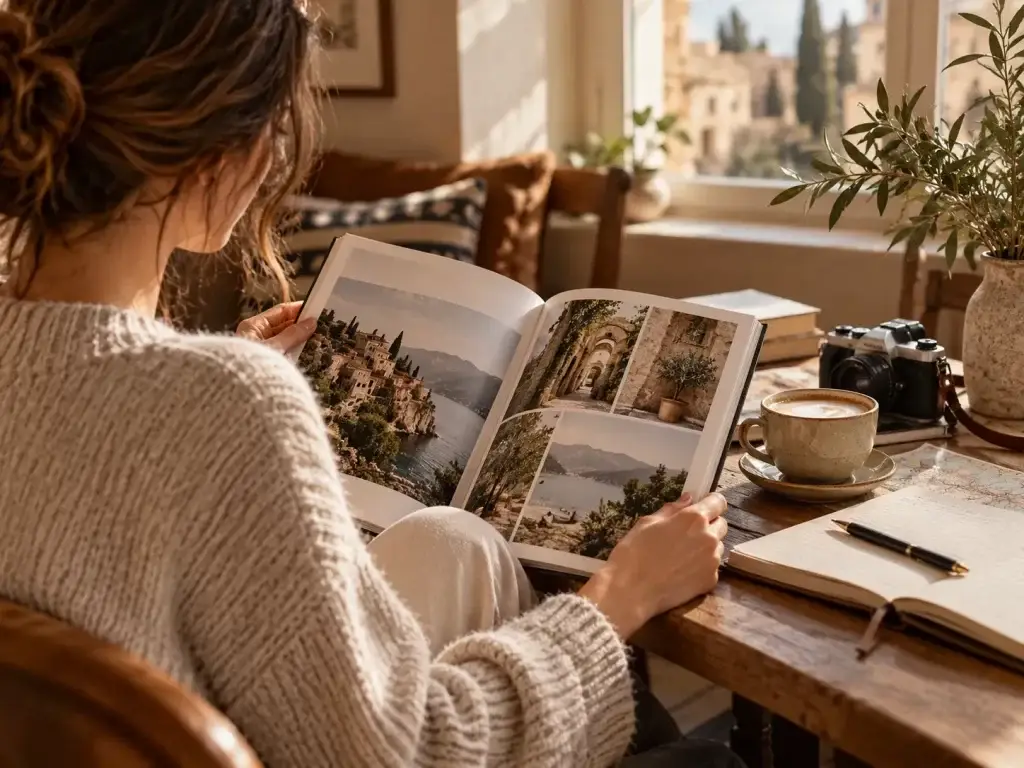 Vrouw leest een inspirerend reismagazine aan een houten tafel met koffie, notitieboek en camera in een warme omgeving.