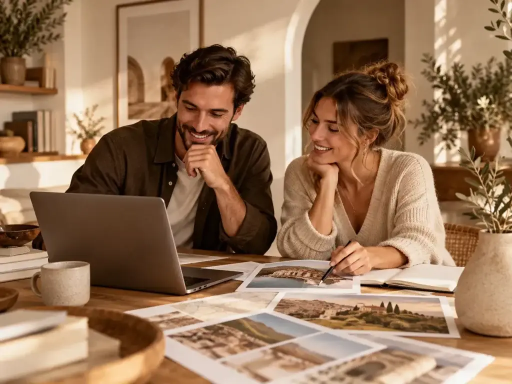 Twee mensen ontdekken samen nieuwe ideeën achter een laptop, omringd door foto's en notities in een sfeervolle ruimte.