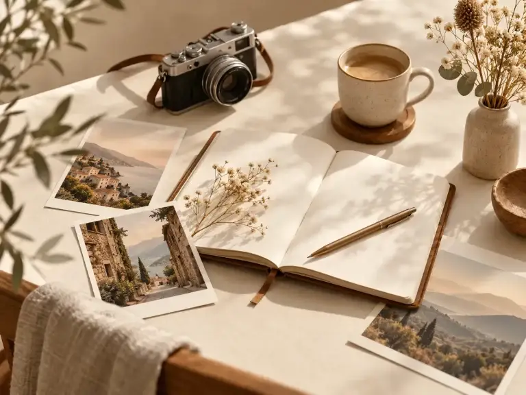 Open notitieboek met camera, reisfoto's, koffie en bloemen op een lichte tafel in warme beige- en bruintinten.