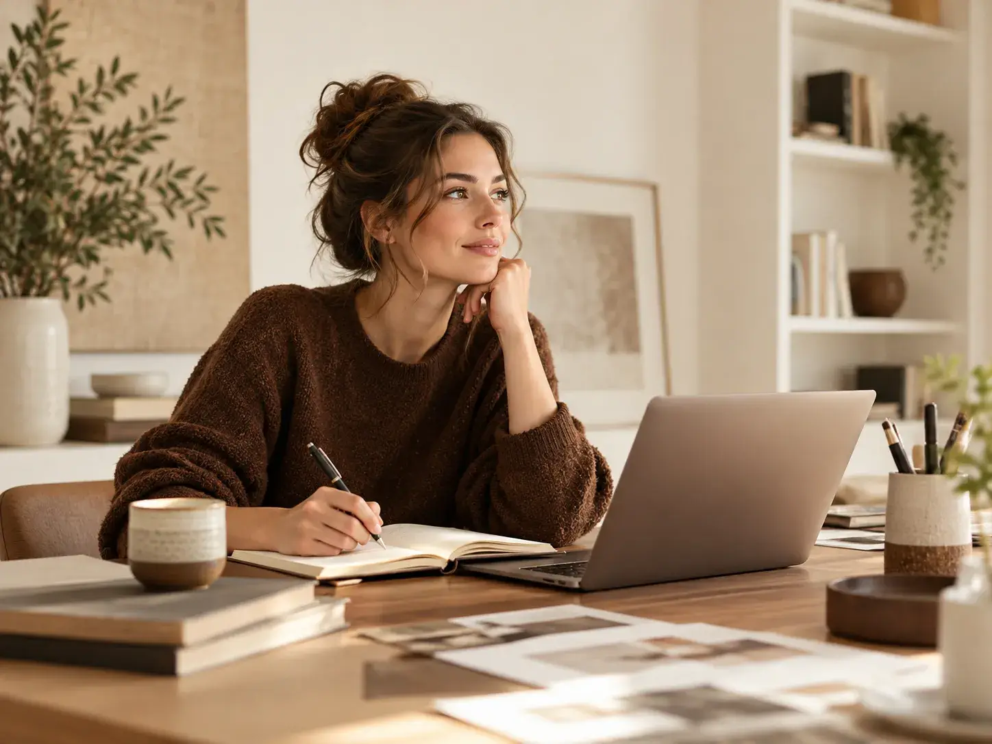 Vrouwelijke auteur werkt met een laptop en notitieboek aan een houten bureau in een sfeervolle werkruimte met warme bruintinten.