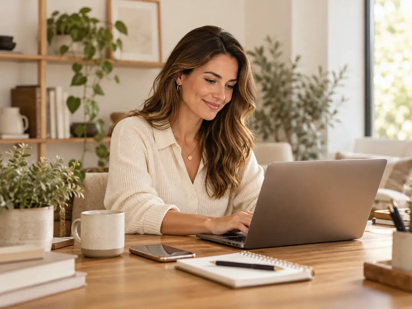 Vrouw werkt aan een laptop aan een houten bureau met een smartphone, notitieboek en koffie in een lichte, moderne werkruimte.