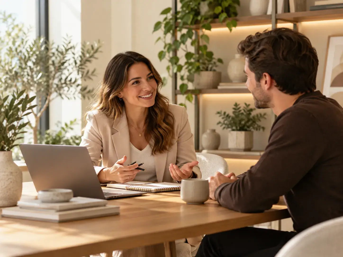 Twee professionals voeren een vriendelijk gesprek aan een houten tafel met een laptop en notitieboek in een sfeervolle kantoorruimte.