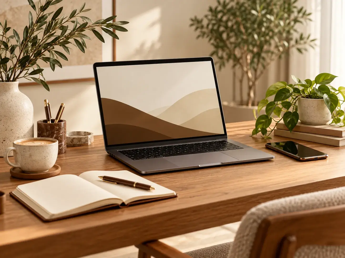 Moderne werkplek met laptop, smartphone, open notitieboek, koffie en groene planten in warme beige- en bruintinten.