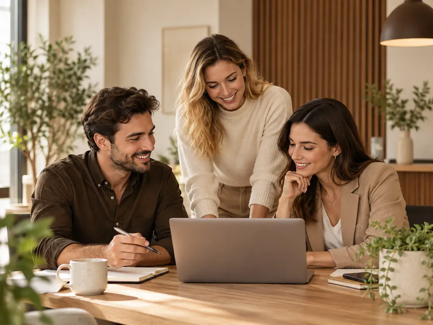 Drie professionals bekijken samen informatie op een laptop aan een houten tafel in een lichte werkruimte met natuurlijke materialen en planten.