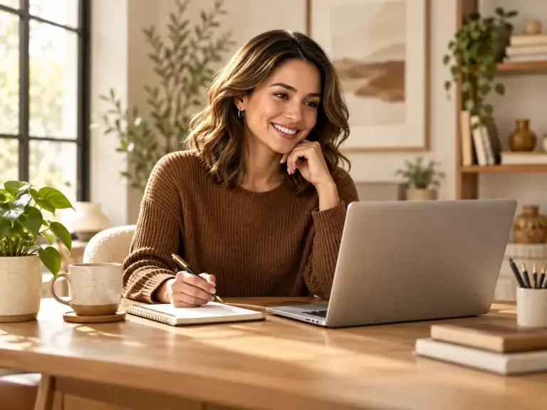 Vrouw bekijkt informatie op een laptop en maakt aantekeningen in een notitieboek aan een houten bureau in een warme, moderne werkruimte.