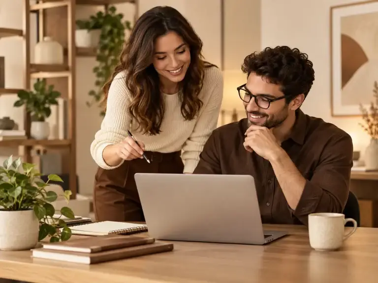 Twee professionals bekijken samen informatie op een laptop in een sfeervolle werkruimte met boeken, notitieboeken en groene planten.
