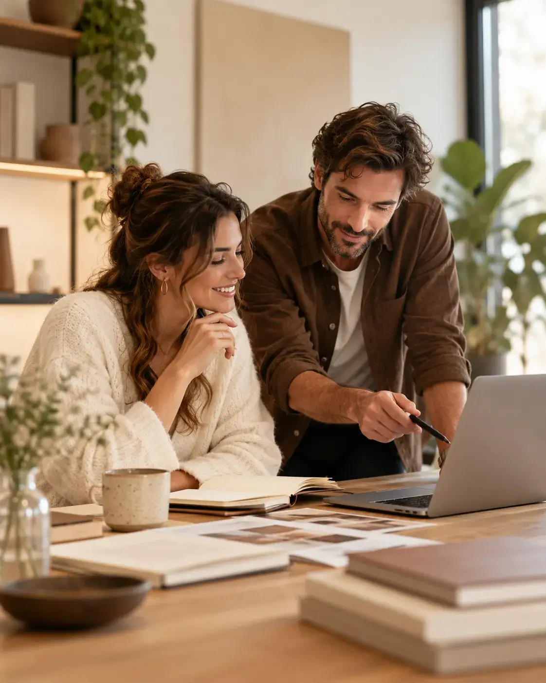 Twee professionals bespreken samen ideeën voor artikelen aan een bureau met laptop, notitieboeken en documenten in een warme, moderne werkruimte.
