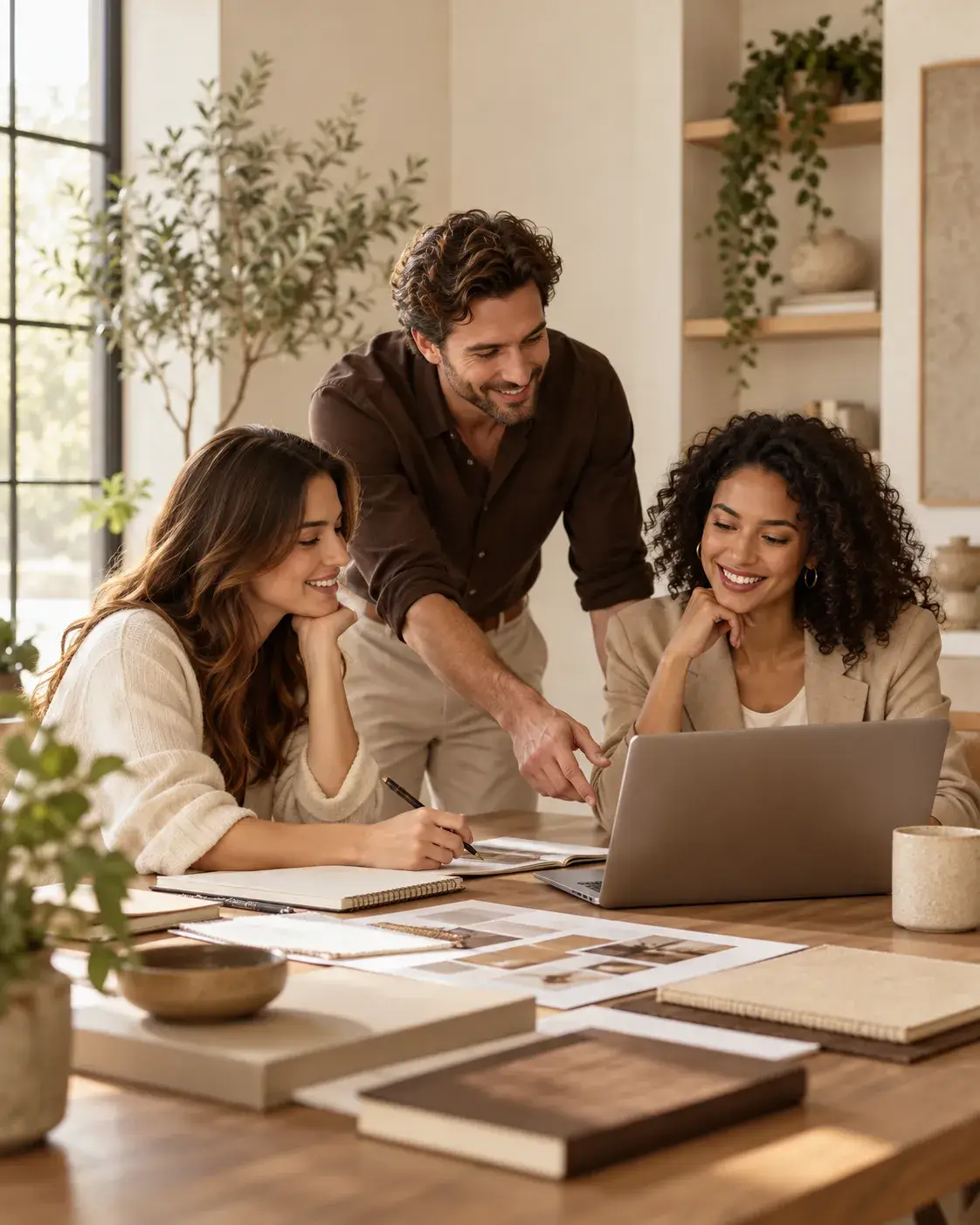 Drie professionals bespreken samen ideeën en samenwerkingsmogelijkheden aan een tafel met laptop, notitieboeken en documenten in een warme, moderne werkruimte.